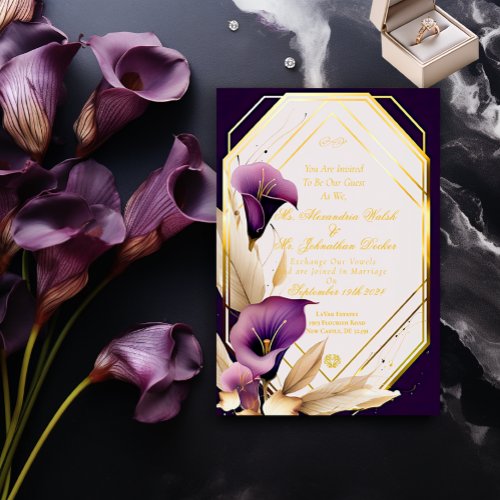 Stylish Purple Calla Lilly Floral Script Wedding Invitation