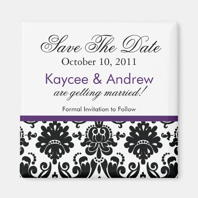 Stylish Purple Damask Save The Date Magnet (Front)