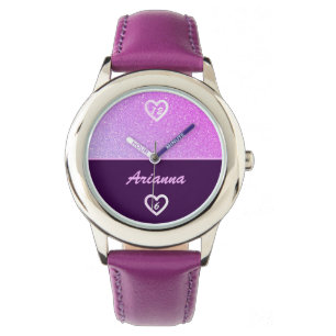 Stylish Purple Faux Glitter Girly Pink Name Glam Watch