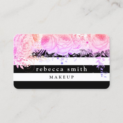 Stylish purple floral black white stripes makeup business card