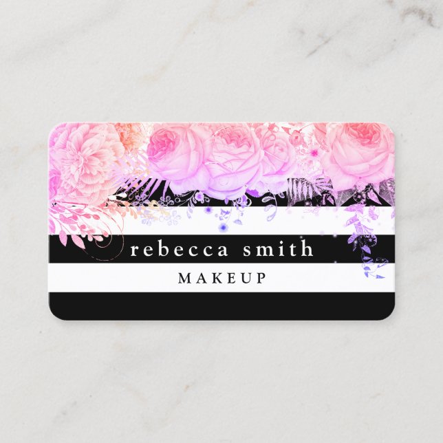 Stylish purple floral black white stripes makeup business card (Front)