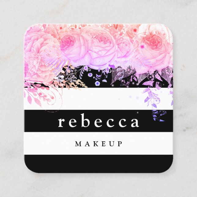 Stylish purple floral black white stripes makeup square business card (Front)