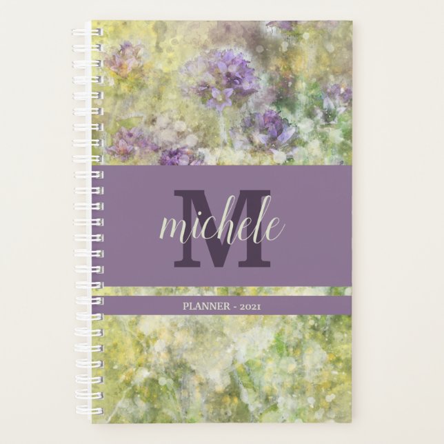 Stylish Purple Floral Garden Monogrammed Planner (Front)