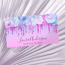 Stylish purple floral glitter drips makeup & hair business card