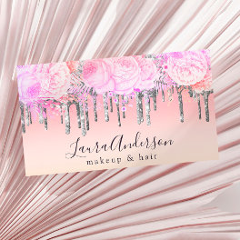 Stylish purple floral glitter drips makeup & hair business card