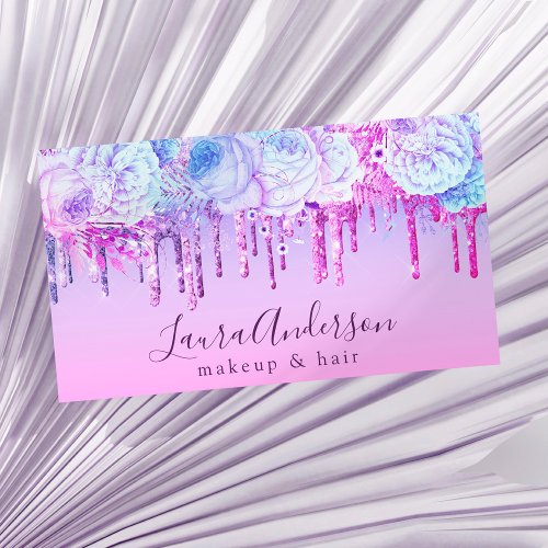 Stylish purple floral glitter drips makeup  hair  business card