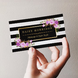 Stylish Purple Floral Gold Black White Stripes Business Card