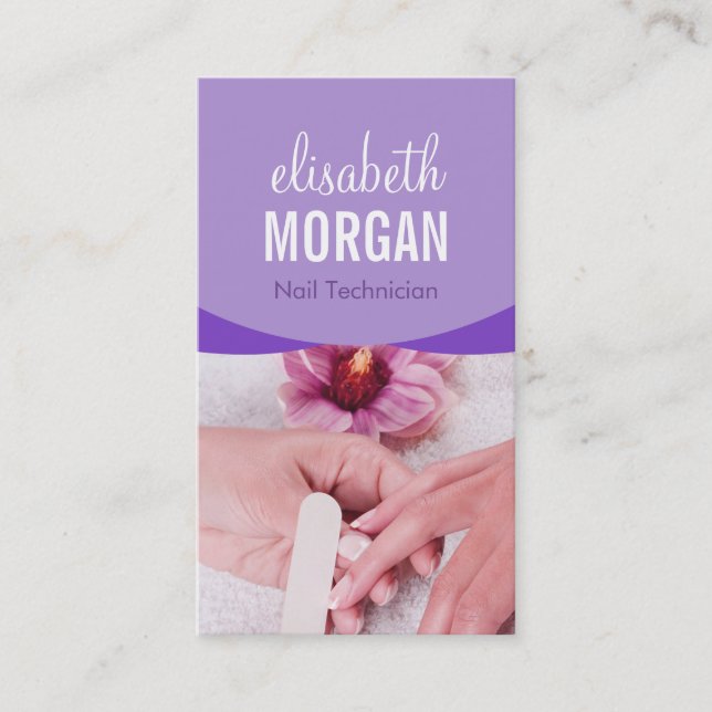 Stylish Purple Floral Nail Salon Manicure SPA Business Card (Front)