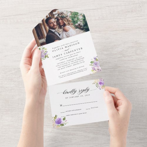 Stylish Purple Floral Watercolor Photo Wedding All In One Invitation