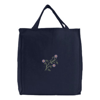 Stylish purple flower embroidered canvas tote bag