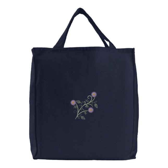 Stylish purple flower embroidered canvas tote bag (Front)