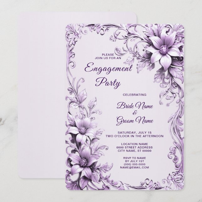 Stylish Purple Flowers Engagement Invitation (Front/Back)