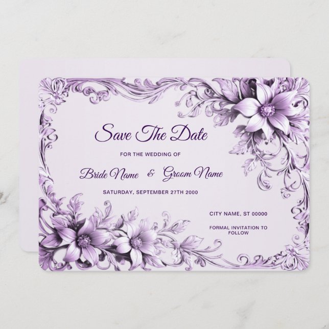 Stylish Purple Flowers Save The Date (Front/Back)