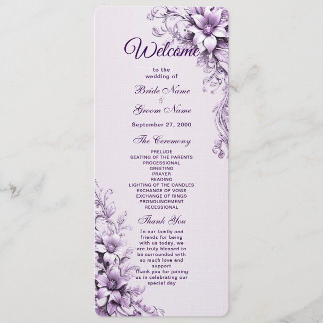 Stylish Purple Flowers Wedding Program (Front)