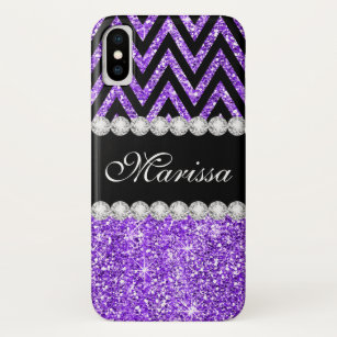 Stylish Purple Glitter Black Chevrons Black iPhone X Case