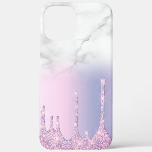 Stylish purple glitter drips ombre white marble iPhone 12 pro max case