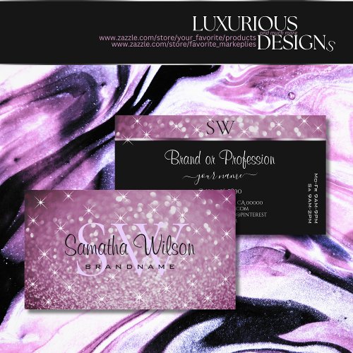 Stylish Purple Glitter Luminous Stars and Initials Business Card