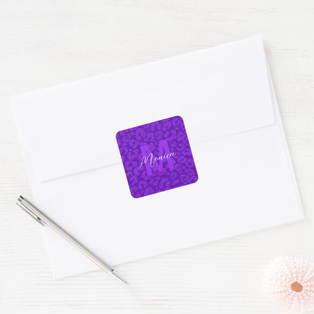 stylish Purple Glitter Monogram Script Name Square Sticker (Envelope)
