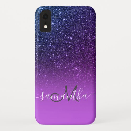 Stylish purple glitter ombre sparkles monogram iPhone XR case