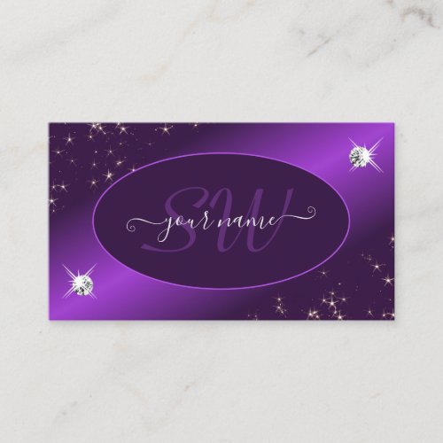 Stylish Purple Glitter Stars Diamonds and Monogram Business Card