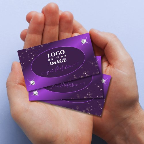 Stylish Purple Glitter Stars Diamonds with Logo Business Card