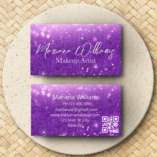 stylish purple glitters makeup artist qr code chic business card
