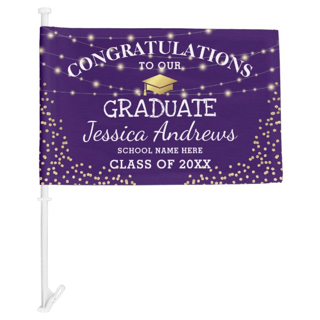 Stylish Purple & Gold Class of 2026 Graduation Car Flag (Front)