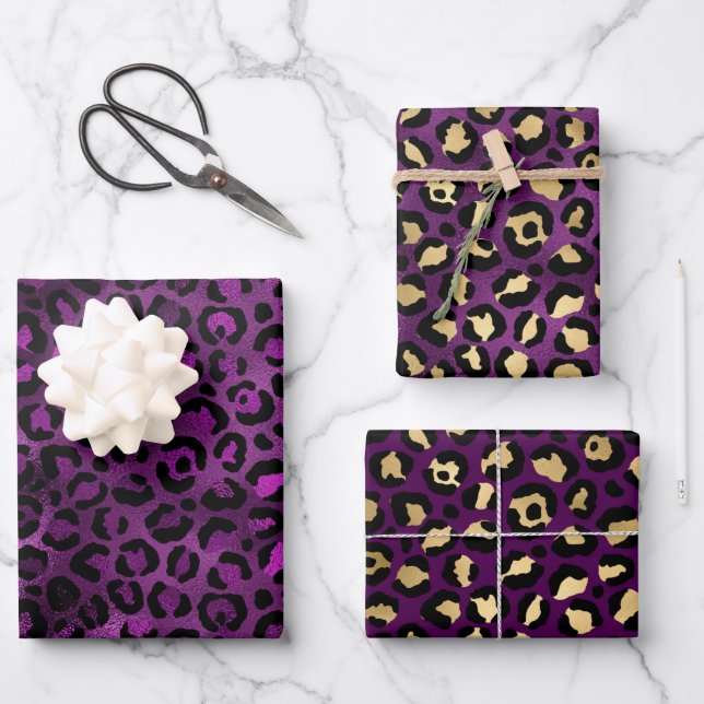 Stylish Purple & Gold Foil Leopard Spots Safari Wrapping Paper Sheets (Front)