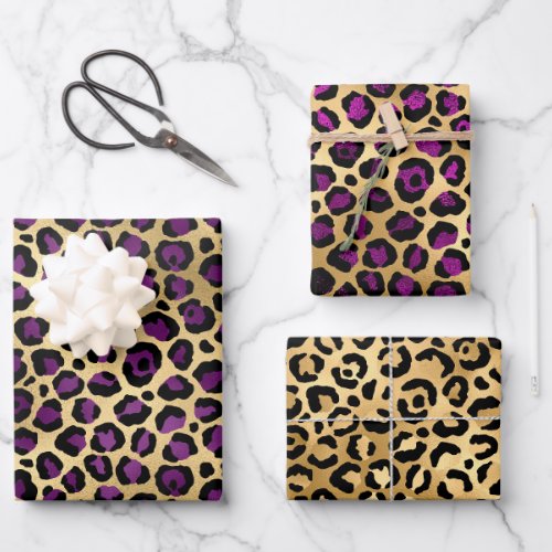 Stylish Purple  Gold Foil Leopard Spots Safari Wrapping Paper Sheets