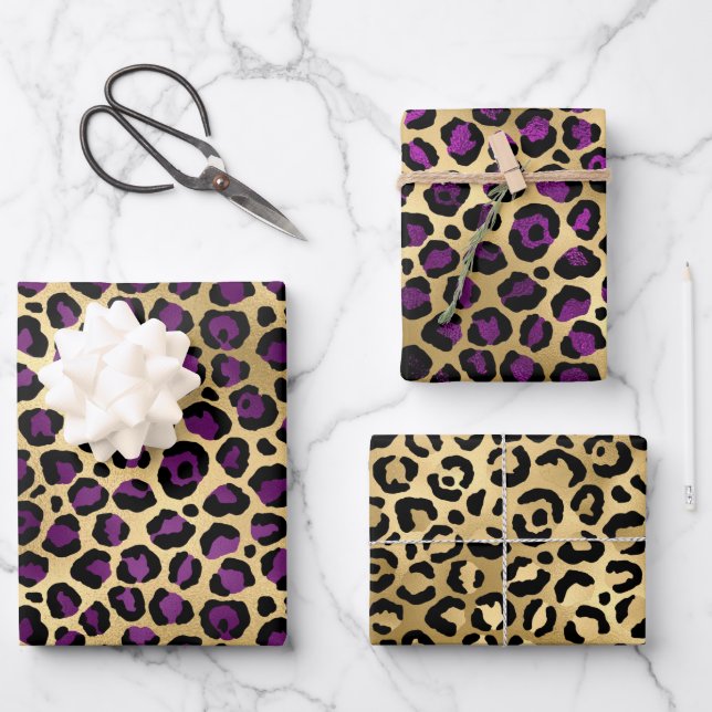 Stylish Purple & Gold Foil Leopard Spots Safari Wrapping Paper Sheets (Front)