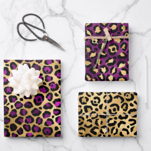 Stylish Purple & Gold Foil Leopard Spots Safari Wrapping Paper Sheets