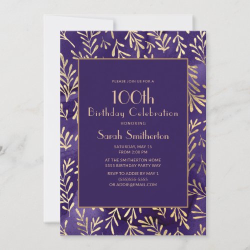 Stylish Purple Gold Leaves 100th Birthday Invitation