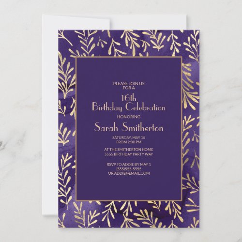 Stylish Purple Gold Leaves 16th Birthday Invitation