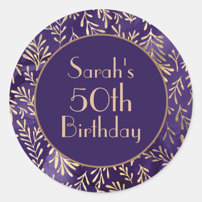 Stylish Purple Gold Leaves 50th Birthday Classic Round Sticker (Front)