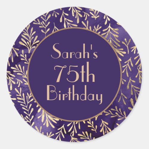 Stylish Purple Gold Leaves 75th Birthday Classic Round Sticker