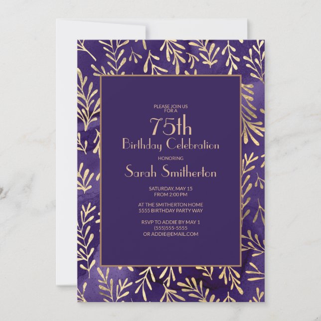 Stylish Purple Gold Leaves 75th Birthday Invitation (Front)