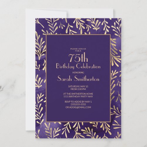 Stylish Purple Gold Leaves 75th Birthday Invitation