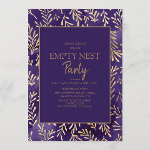 Stylish Purple Gold Leaves Empty Nest Party Invitation