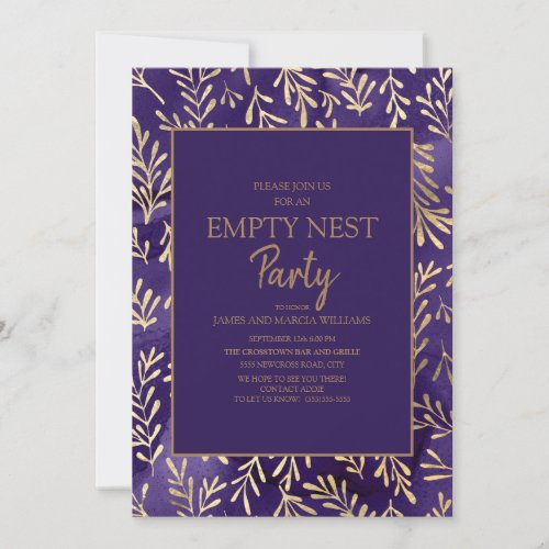 Stylish Purple Gold Leaves Empty Nest Party Invitation