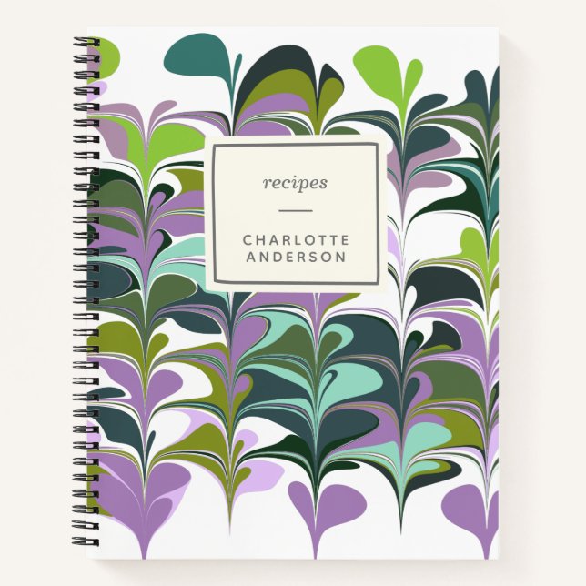 Stylish Purple Green Abstract Floral Art Recipe Notebook (Front)