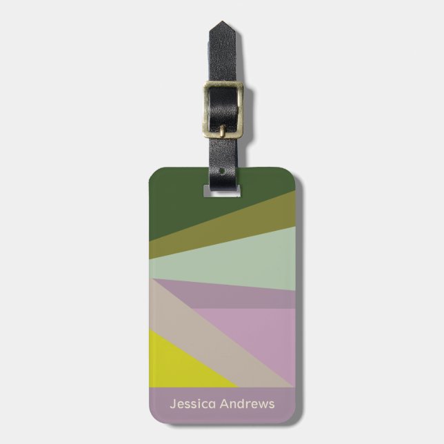 Stylish Purple Green Geometric Personalized Name Luggage Tag (Front Vertical)