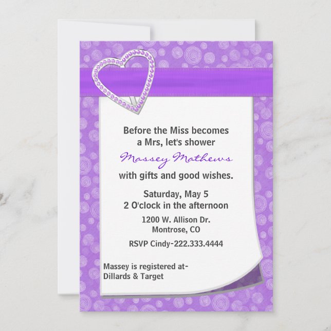 Stylish Purple Heart Bridal Shower Invitation (Front)