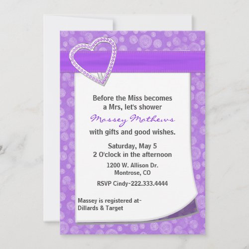 Stylish Purple Heart Bridal Shower Invitation
