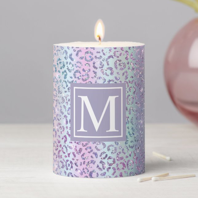 stylish purple holographic glitters monogram pillar candle (In Situ)