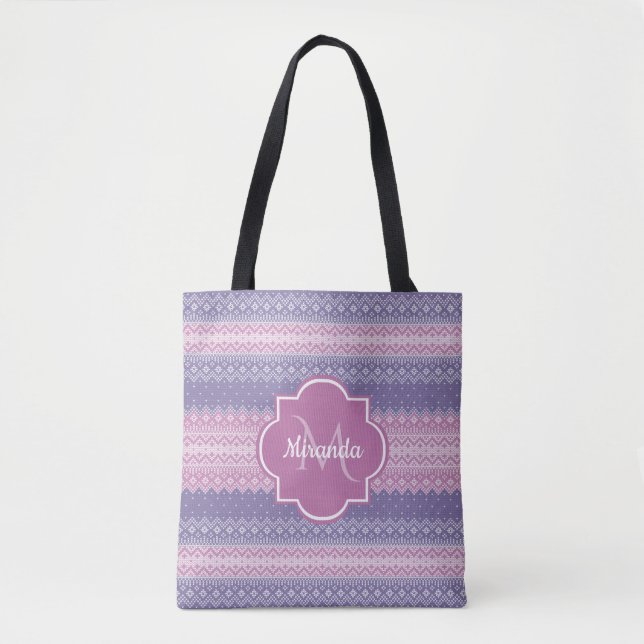 Stylish Purple Knit Pattern With Monogram and Name Tote Bag (Front)