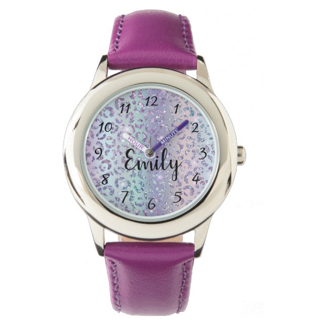 stylish purple leopard pattern personalized girly watch (Front)
