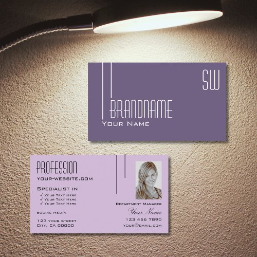 Stylish Purple Lilac Chic with Monogram and Photo Business Card