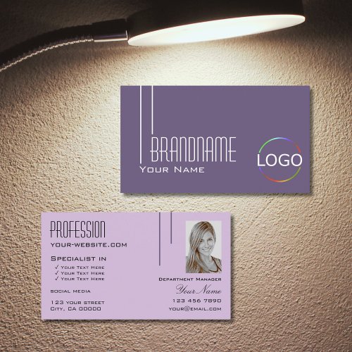Stylish Purple Lilac with Logo and Photo Modern Business Card