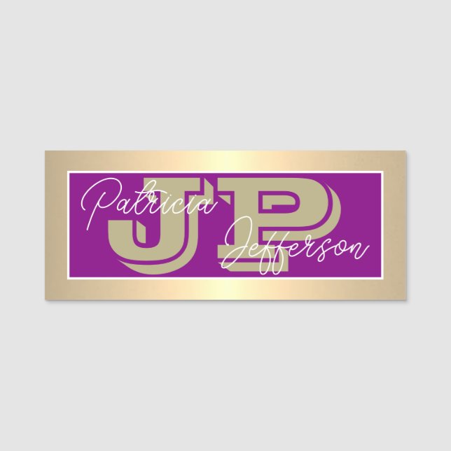 Stylish Purple Luxury Gold Monogram Name Tag (Front)