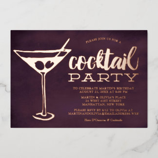 Stylish Purple Martini Glass Cocktail Party Foil Invitation